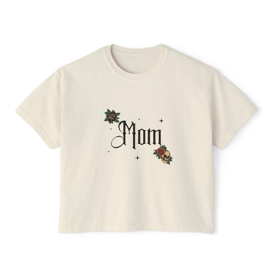 Gothic 'Mom' Script Tee | Floral Embroidered Accent, Boxy Crop T-Shirt