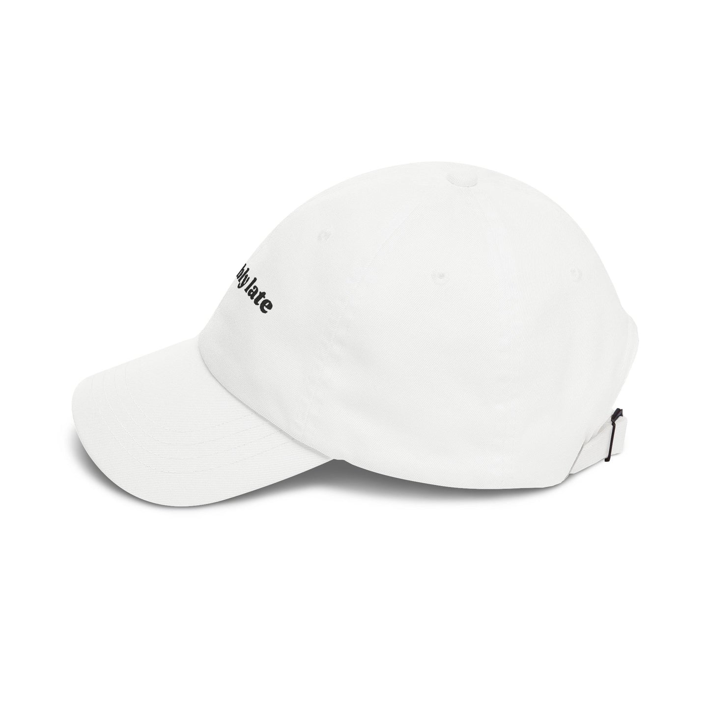 Probably Late embroidered Dad Cap | White baseball hat, sarcastic text