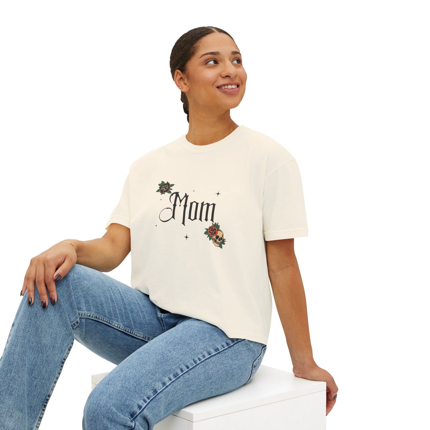 Gothic 'Mom' Script Tee | Floral Embroidered Accent, Boxy Crop T-Shirt