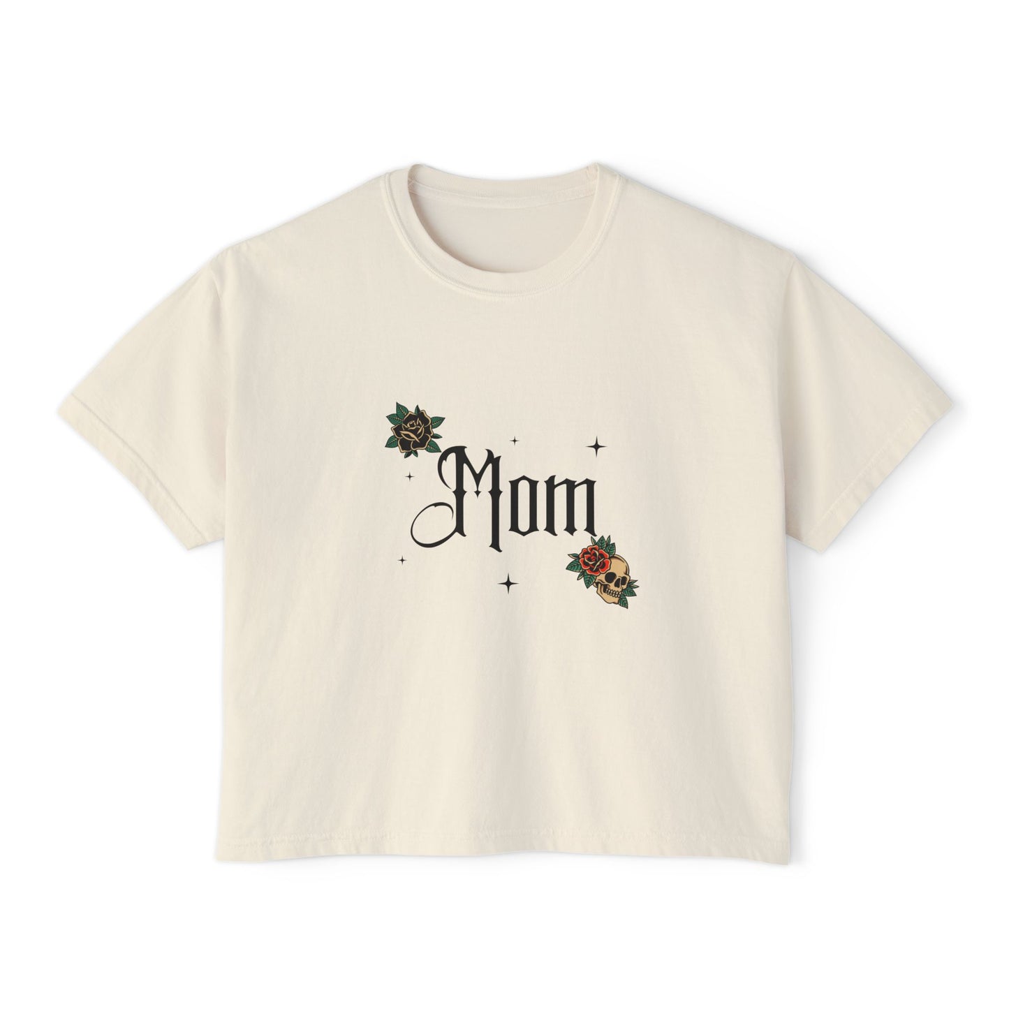 Gothic 'Mom' Script Tee | Floral Embroidered Accent, Boxy Crop T-Shirt