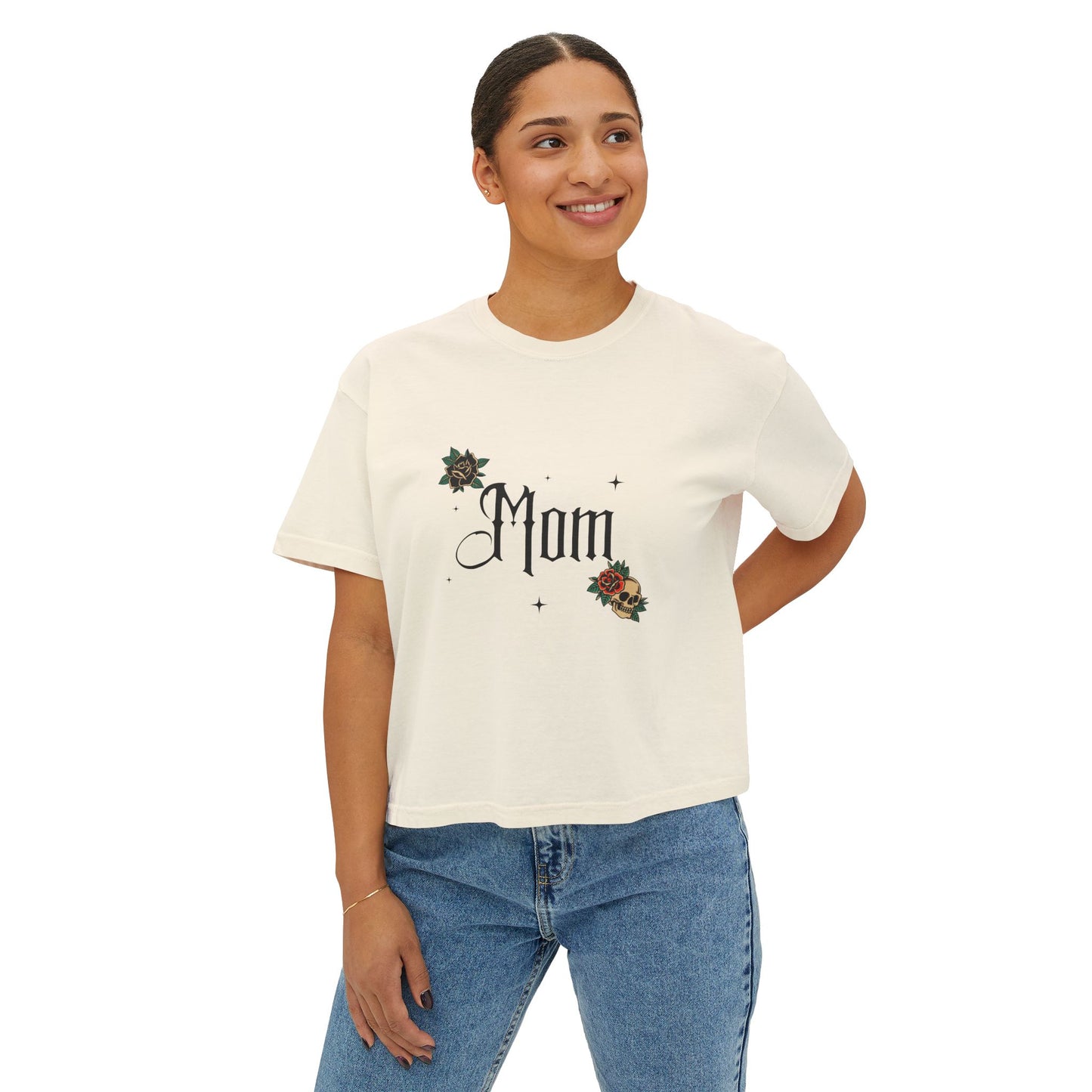 Gothic 'Mom' Script Tee | Floral Embroidered Accent, Boxy Crop T-Shirt