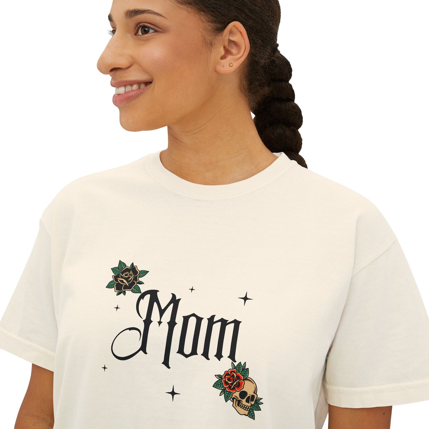 Gothic 'Mom' Script Tee | Floral Embroidered Accent, Boxy Crop T-Shirt