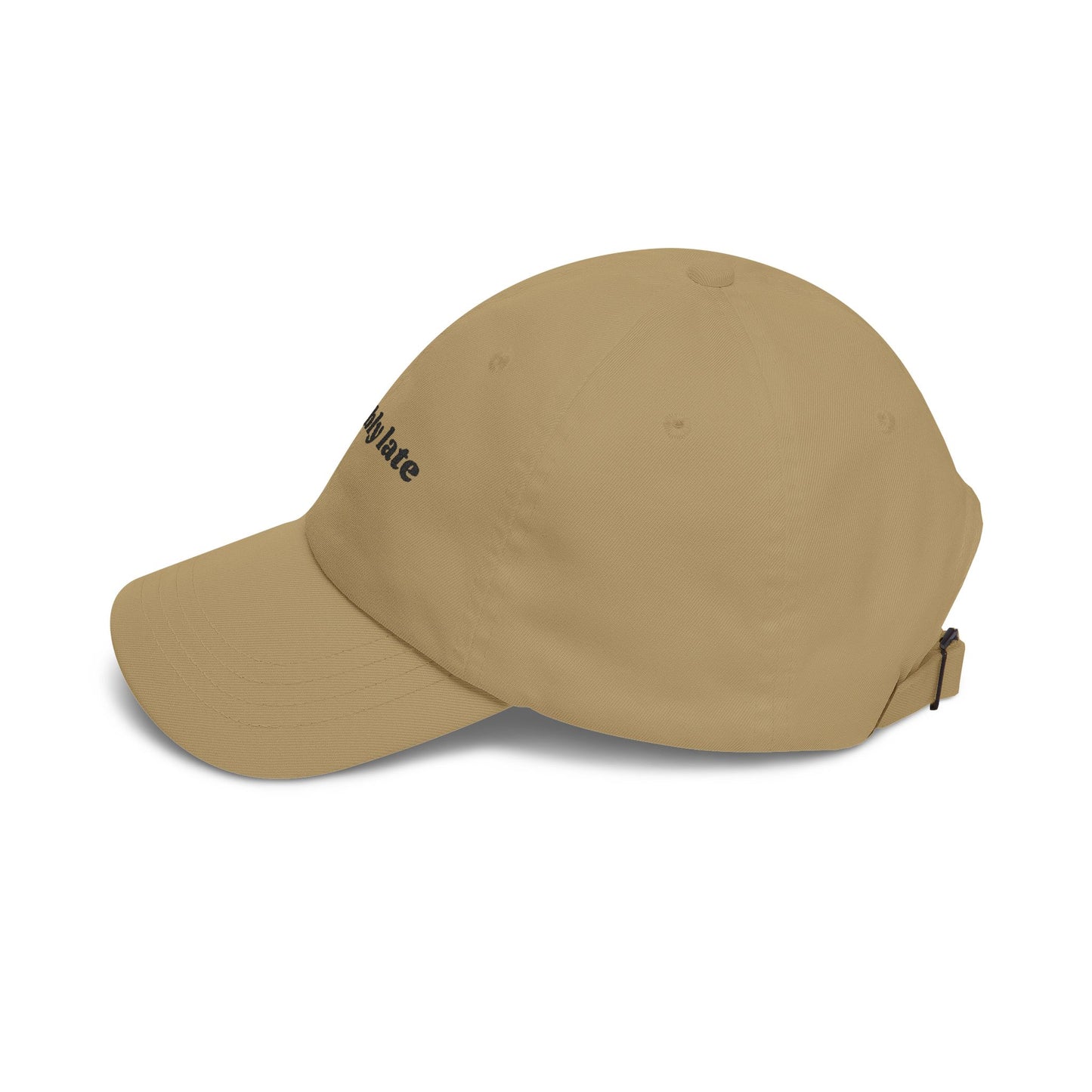 Probably Late embroidered Dad Cap | White baseball hat, sarcastic text